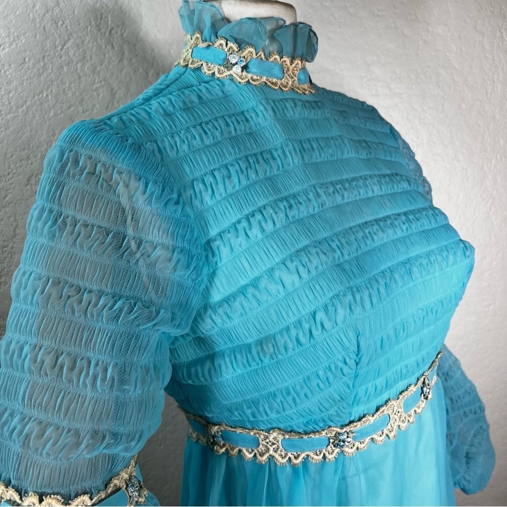 Vintage 1960’s Chiffon Baby Blue Balloon Sleeves Union Made Dress Size Small